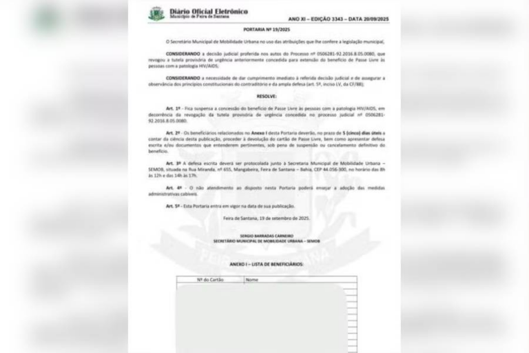 Prefeitura De Feira Divulga Nomes De Pessoas Com HIV Em Diário Oficial
